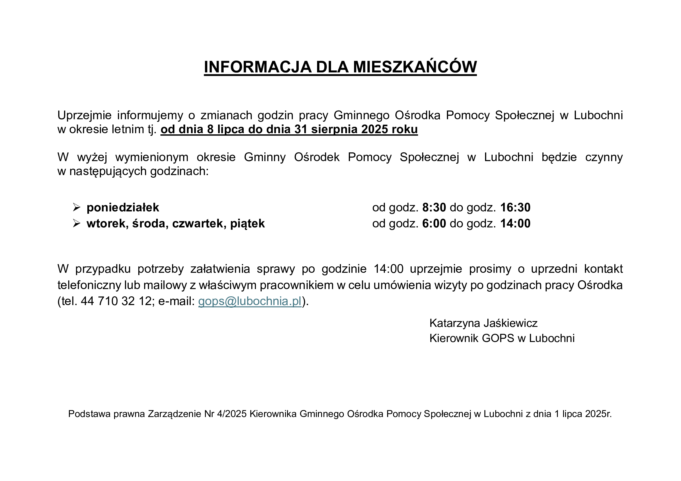 Informacja dla mieszkańców