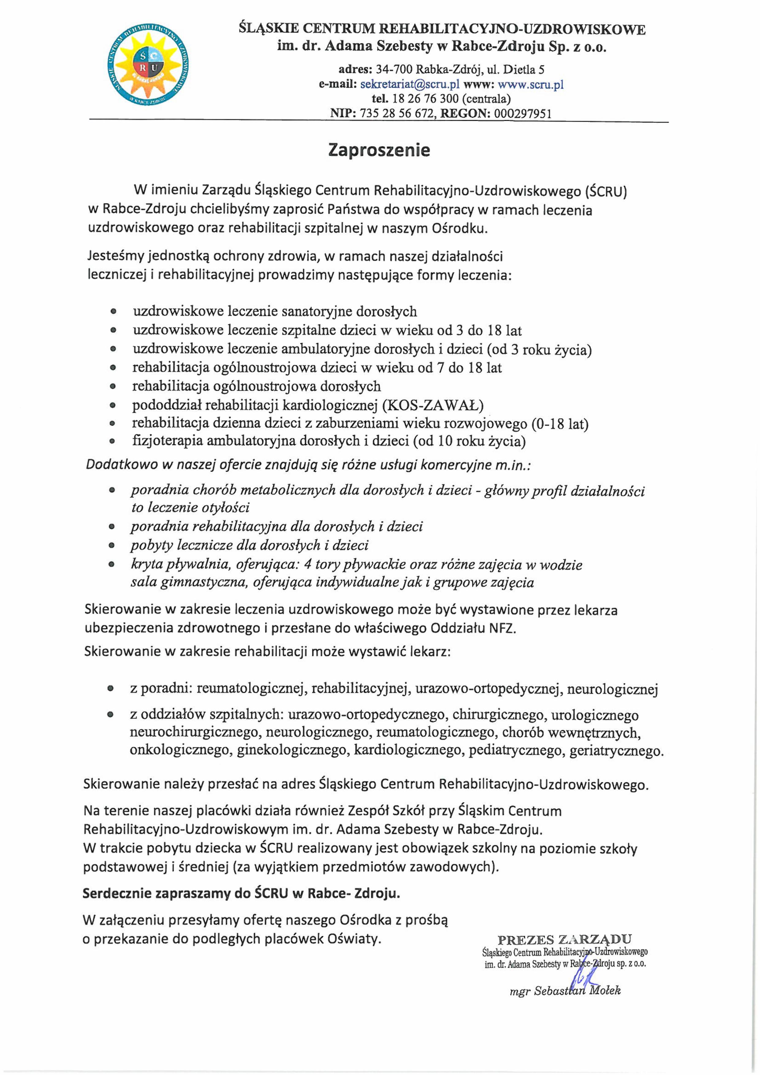 Zaproszenie do leczenia uzdrowiskowego i rehabilitacji